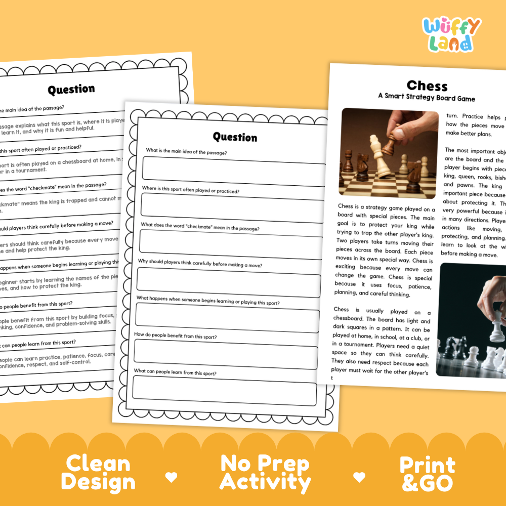 Chess Sports Reading Passages and Comprehension Questions Worksheets
