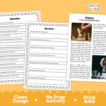 Chess Sports Reading Passages and Comprehension Questions Worksheets