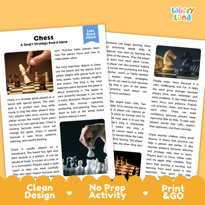Two printed activity sheets for a chess game, shown on a light gray background with the brand name 'Wuffy Land' in the top right. The sheets are angled slightly, showing both sides: one with a photo of a chess board and the title 'Chess: A Smart Strategy Board Game,' and one with text describing how to play.