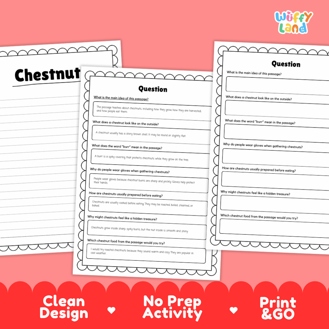 Three printable worksheet pages about chestnuts on a pink background with red decorative banners. The pages have black scalloped borders and printed text and writing lines.