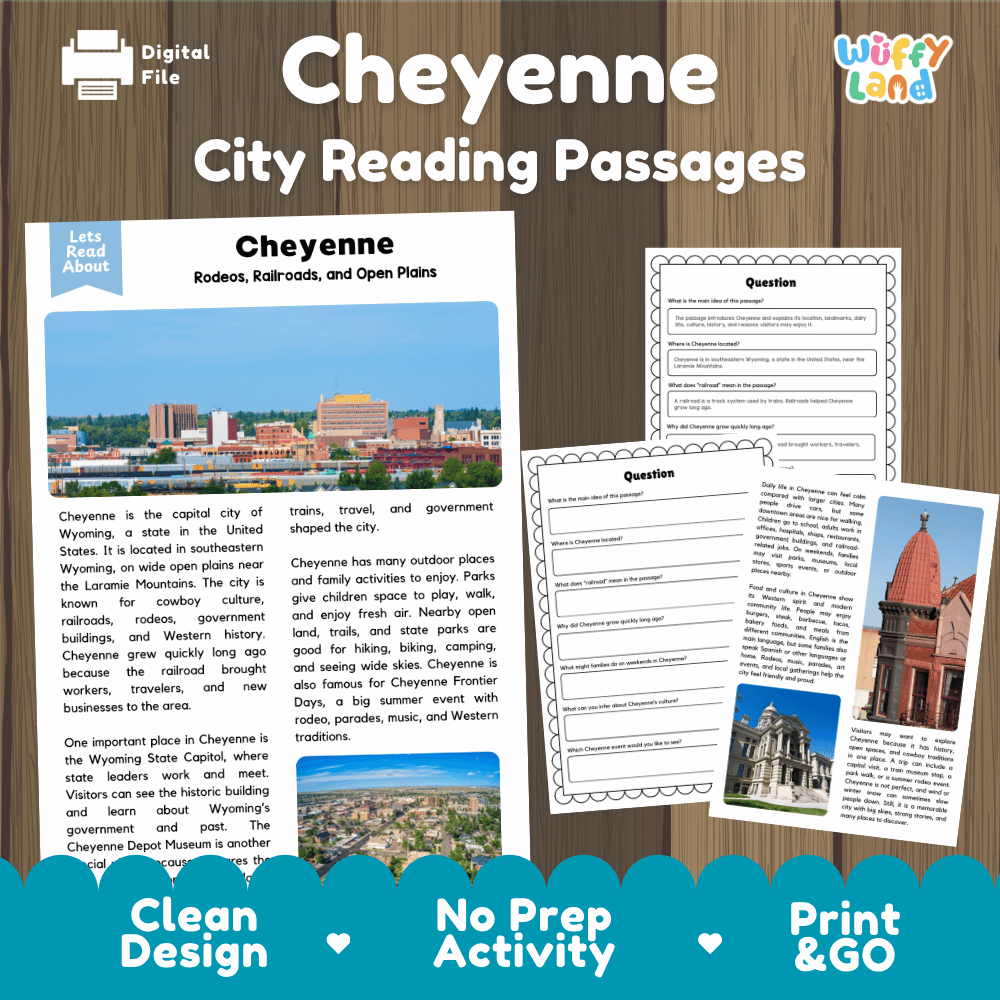 Cheyenne city reading passages and comprehension worksheet educational unit featuring nonfiction text and authentic Cheyenne Wyoming plains skyline photography