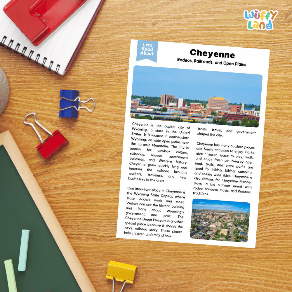 Lined reading comprehension question worksheet covering main ideas vocabulary terms railroad history and rodeo culture in Cheyenne Wyoming