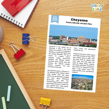 Lined reading comprehension question worksheet covering main ideas vocabulary terms railroad history and rodeo culture in Cheyenne Wyoming