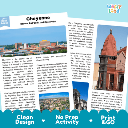 Reference sheet and answer key for Cheyenne landmark reading passage displaying completed comprehension answers and United States geography facts