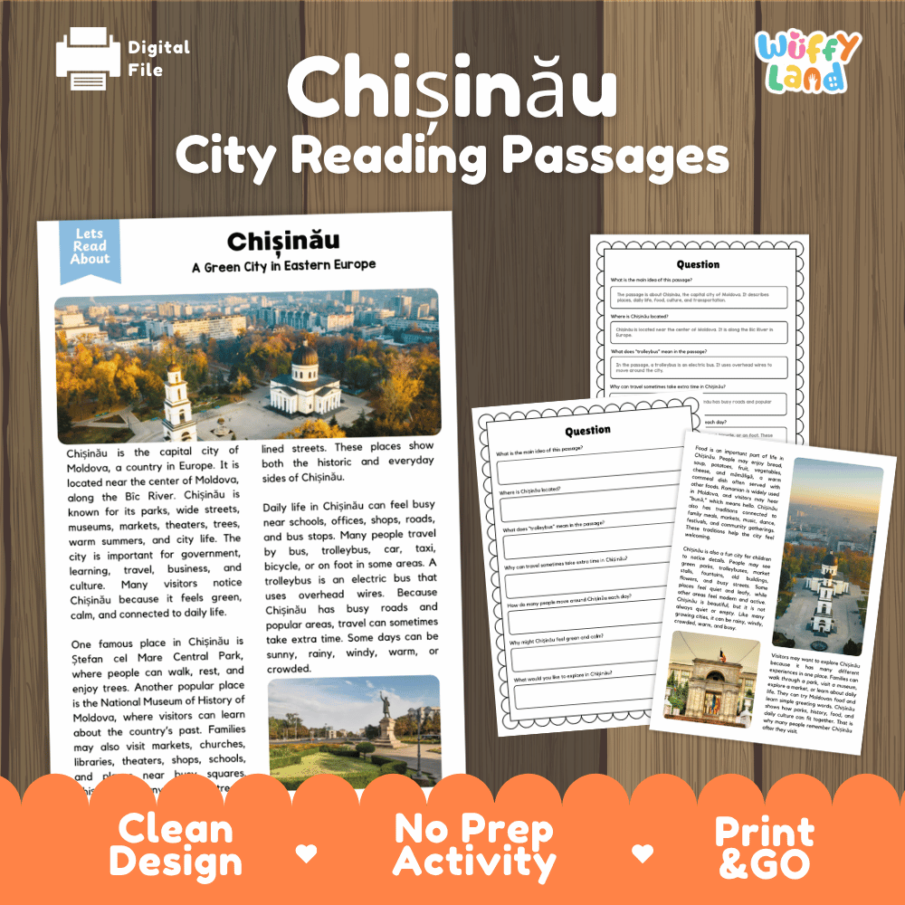 Chișinău city reading passage and comprehension worksheet educational unit featuring nonfiction text and authentic Chișinău Moldova city photography
