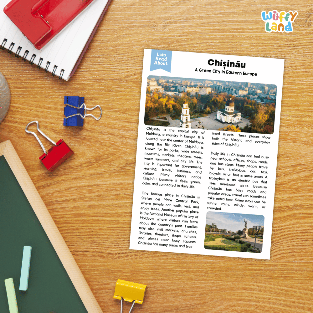 Lined reading comprehension question worksheet covering main ideas vocabulary terms and landmark facts about Chișinău Moldova