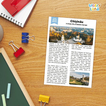 Lined reading comprehension question worksheet covering main ideas vocabulary terms and landmark facts about Chișinău Moldova