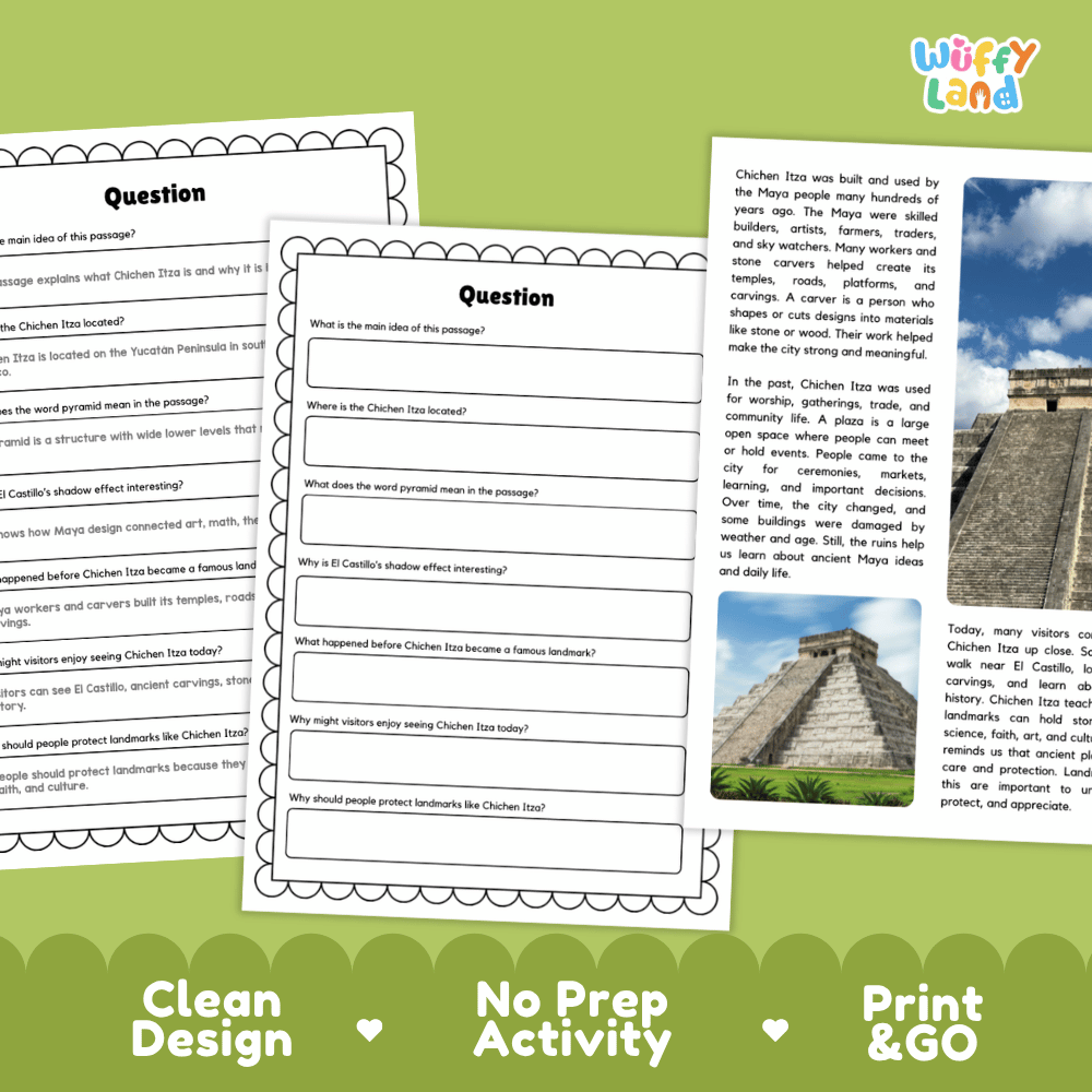 Student reading passage titled An Ancient Maya City in Mexico detailing Chichen Itza El Castillo pyramid Maya astronomy and Yucatan photography