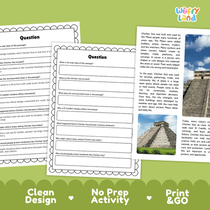Student reading passage titled An Ancient Maya City in Mexico detailing Chichen Itza El Castillo pyramid Maya astronomy and Yucatan photography