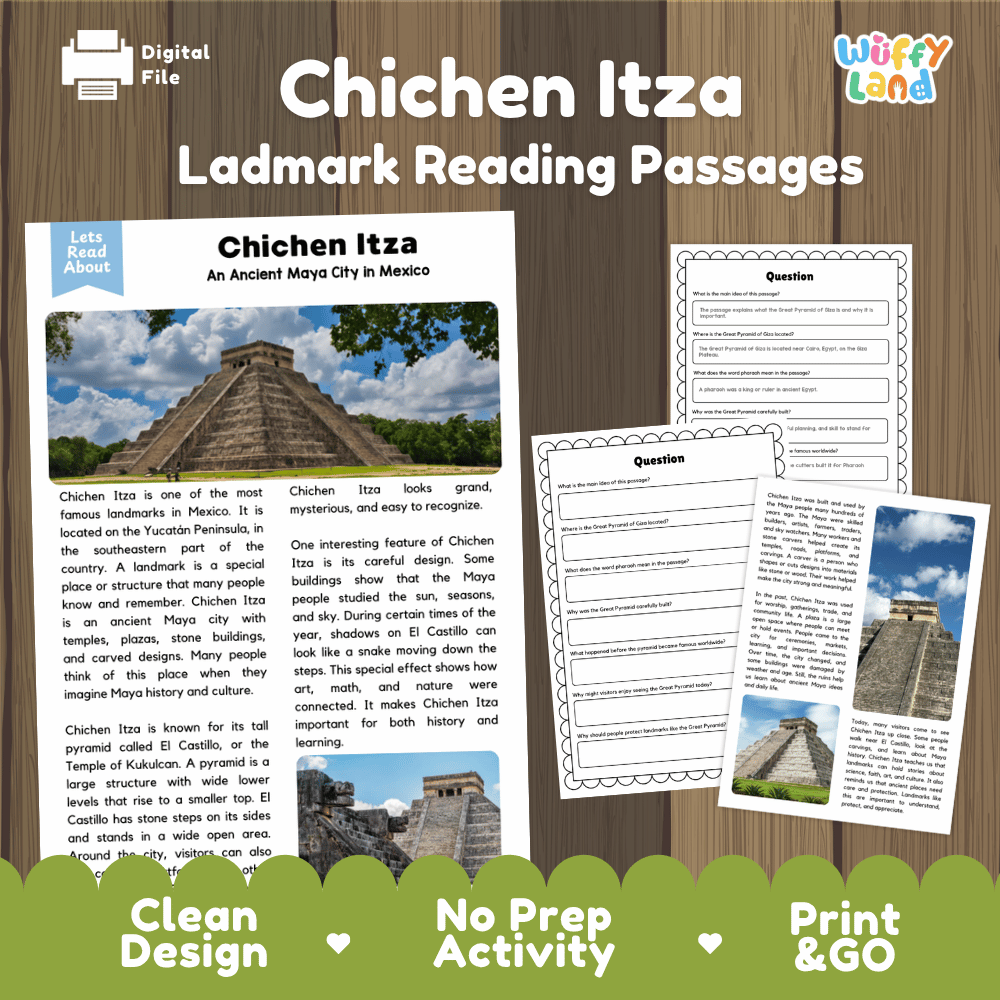 Chichen Itza landmark reading passages educational study unit featuring nonfiction reading worksheets and authentic El Castillo pyramid photography
