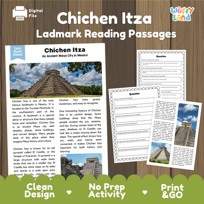 Chichen Itza landmark reading passages educational study unit featuring nonfiction reading worksheets and authentic El Castillo pyramid photography