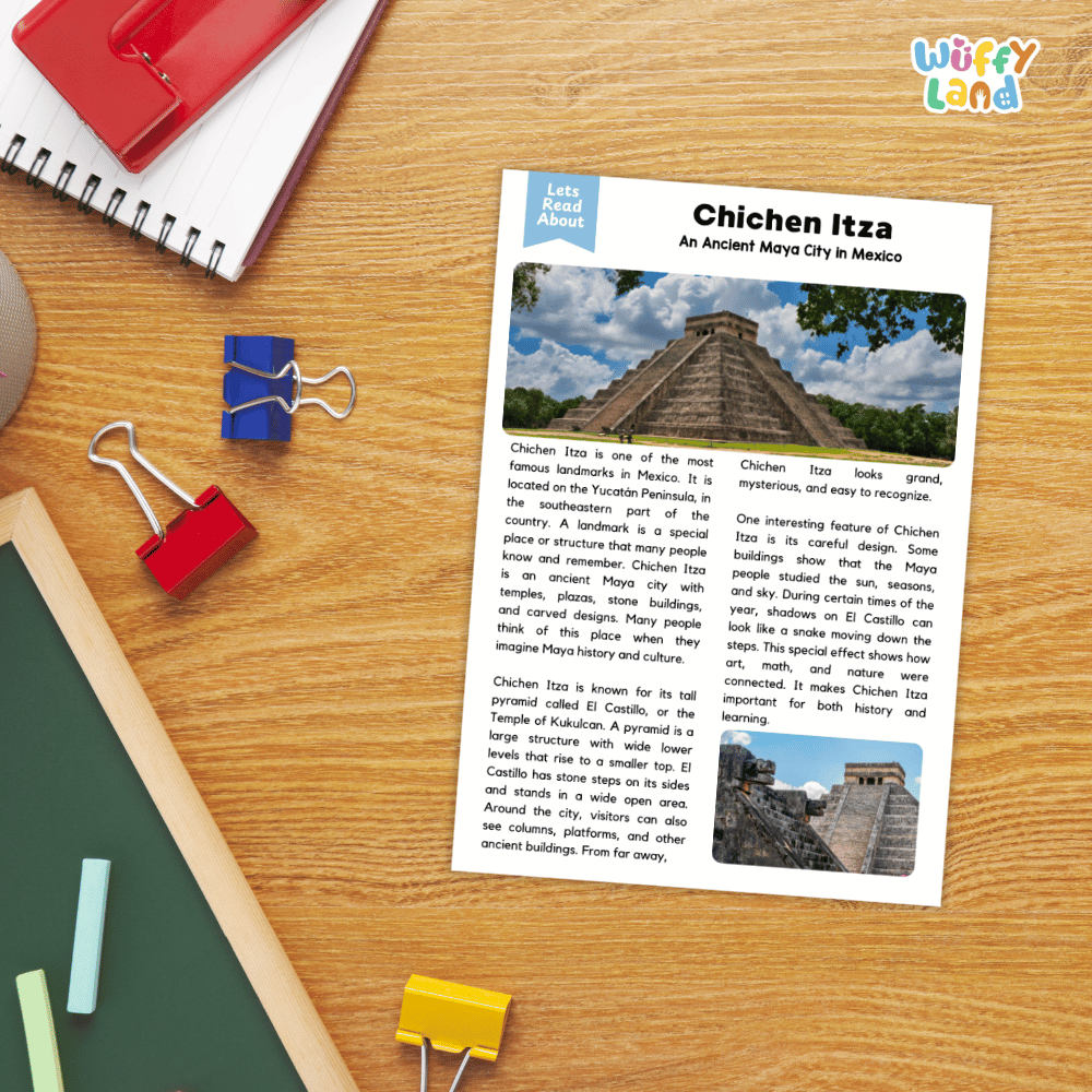 Lined reading comprehension question worksheet covering main ideas vocabulary terms and landmark facts about Chichen Itza
