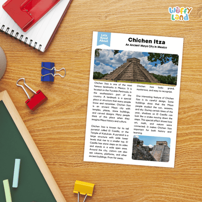 Lined reading comprehension question worksheet covering main ideas vocabulary terms and landmark facts about Chichen Itza