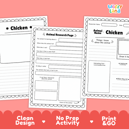 Three printable worksheet pages about a chicken displayed on a pink background with a red banner at the bottom. The pages include an animal research page and a chicken fact sheet.