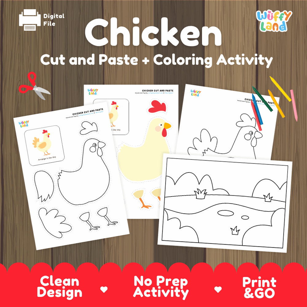 Chicken Cut and Paste Craft and Coloring Pages Activity Worksheets