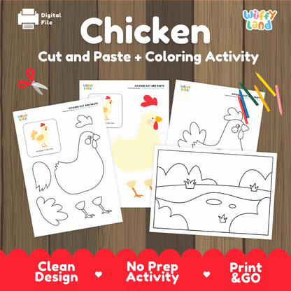 Chicken Cut and Paste Craft and Coloring Pages Activity Worksheets