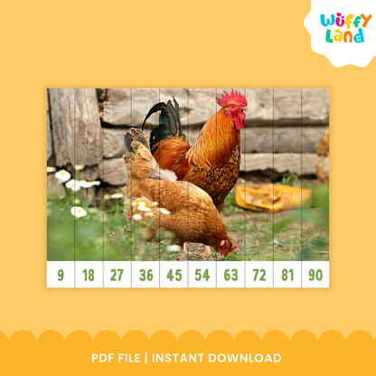 Educational skip counting puzzle featuring a rooster and hen in a farmyard, divided into strips labeled with numbers 9 to 90 for counting by nines.