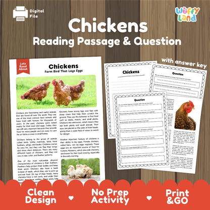 Chickens Reading Passage and Comprehension Questions Worksheets