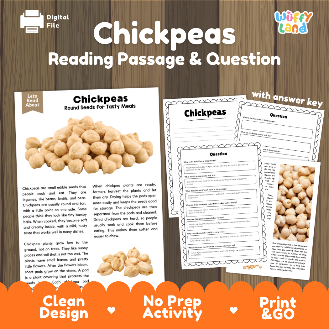 Chickpeas Reading Passage and Comprehension Questions Worksheets with Answer Key