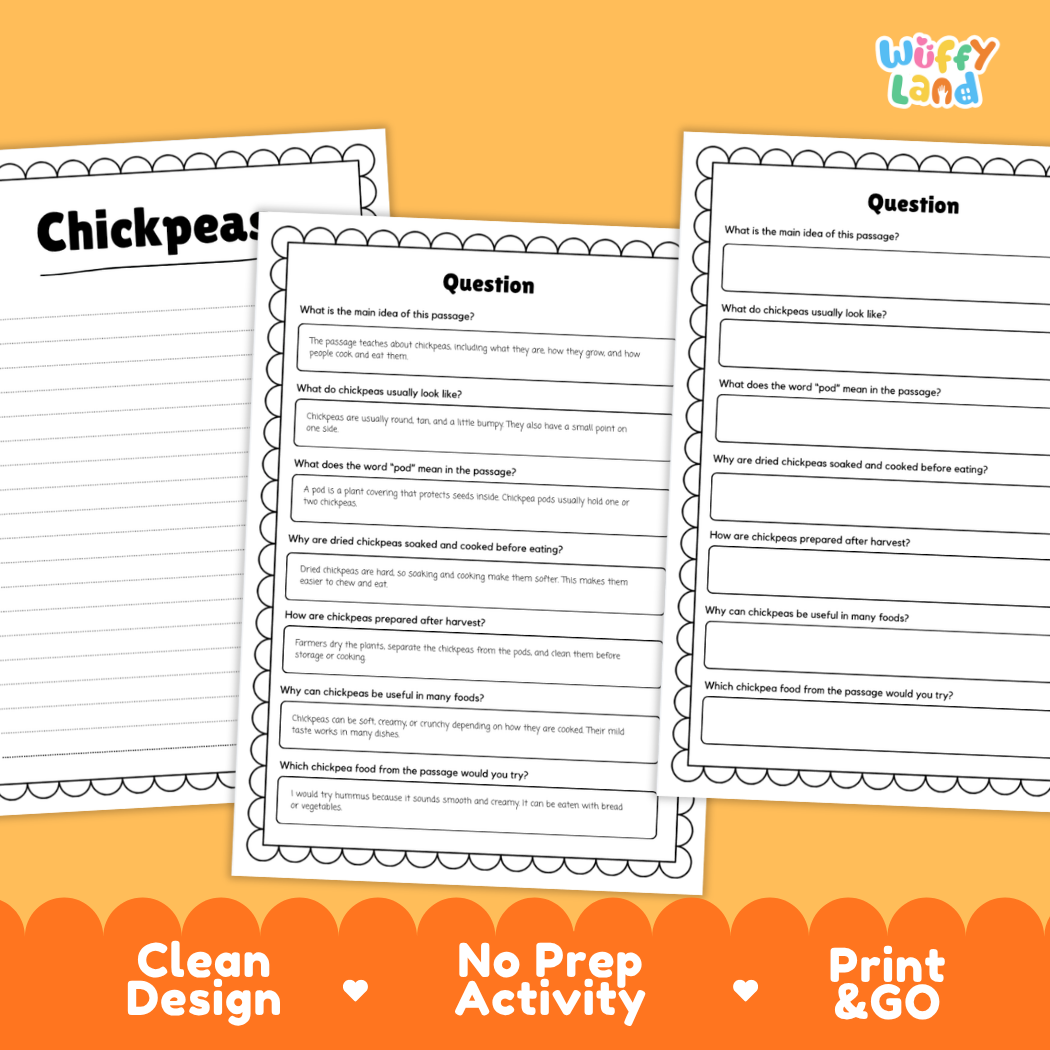 Chickpeas Reading Passage and Comprehension Questions Worksheets with Answer Key