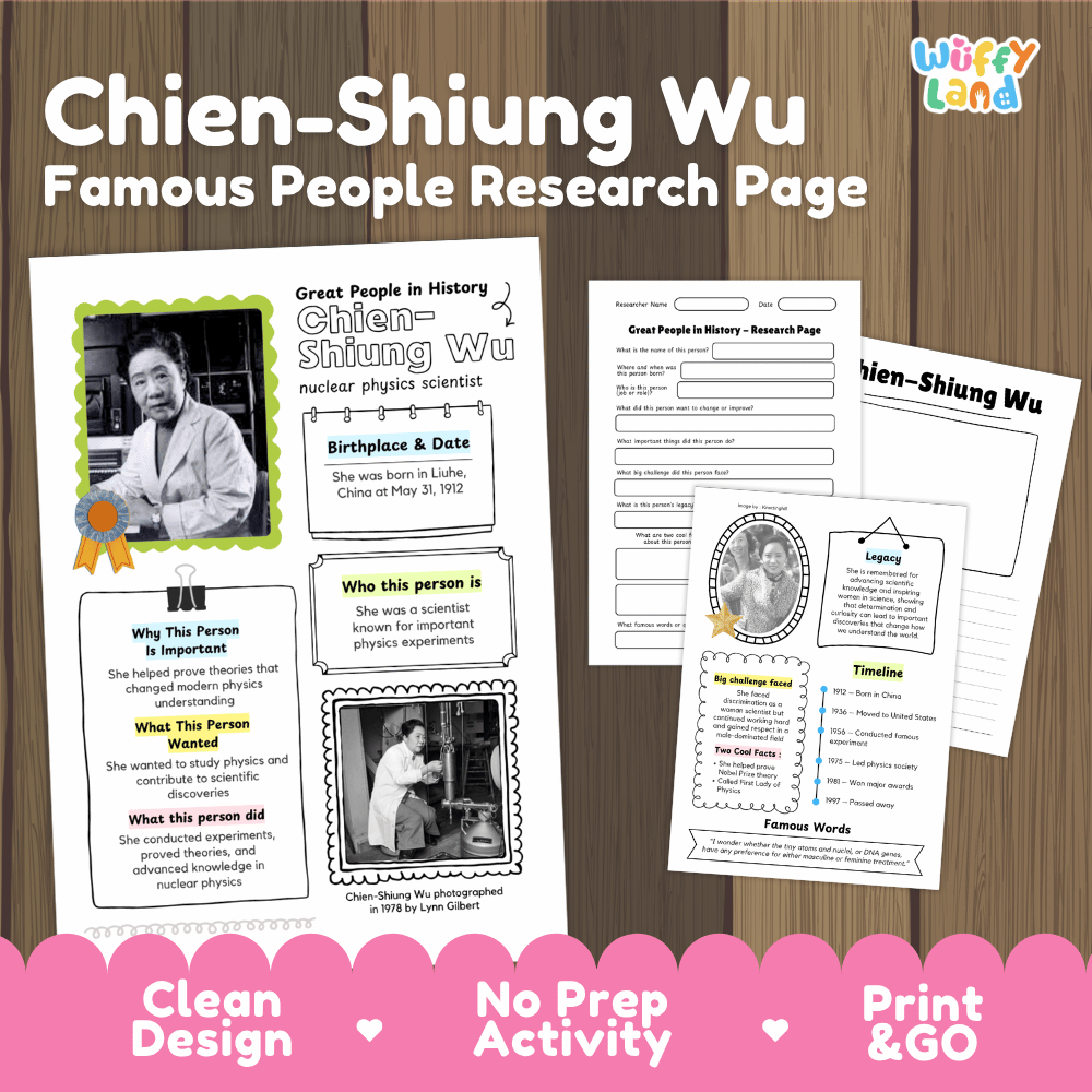 Chien-Shiung Wu biography research worksheets pack featuring graphic organizers, timeline activity, and student writing template