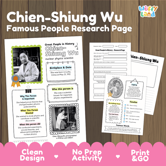Chien-Shiung Wu biography research worksheets pack featuring graphic organizers, timeline activity, and student writing template