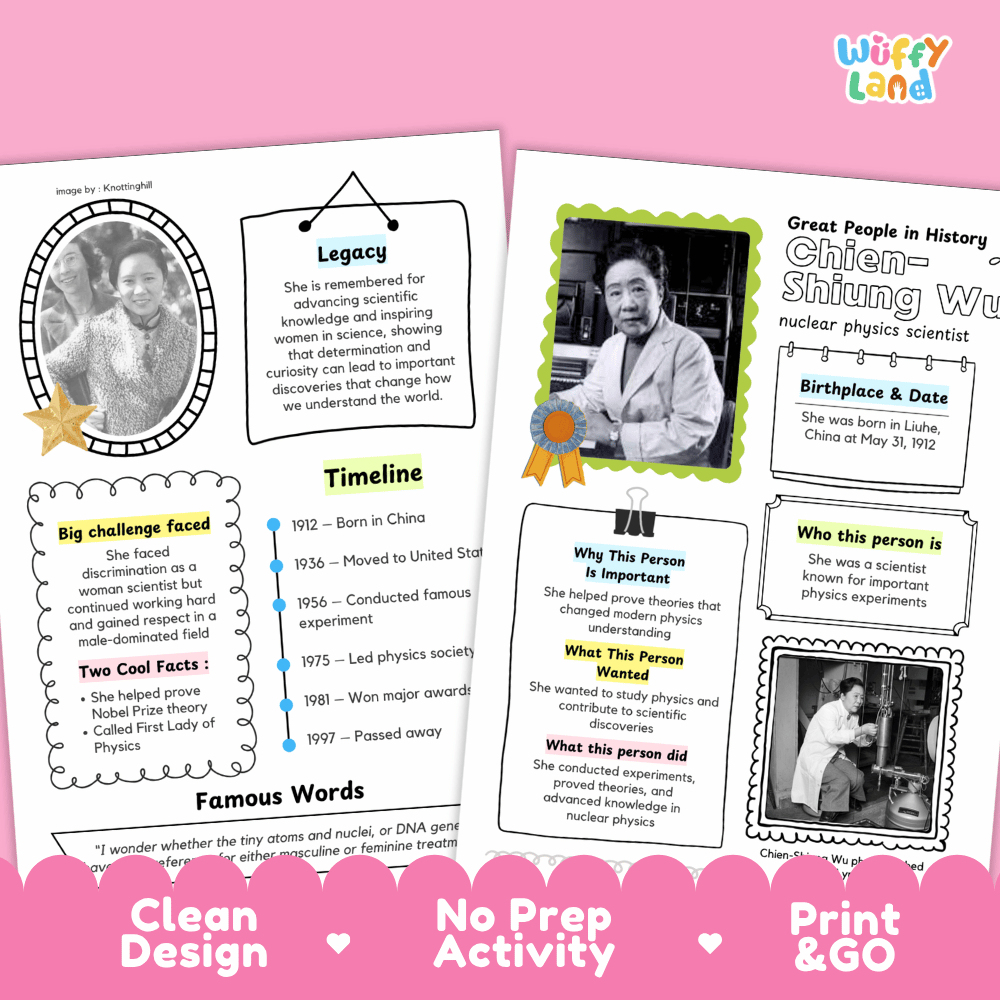 Educational biography summary worksheet featuring a chronological timeline, famous quote, and lined student writing page