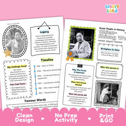 Educational biography summary worksheet featuring a chronological timeline, famous quote, and lined student writing page