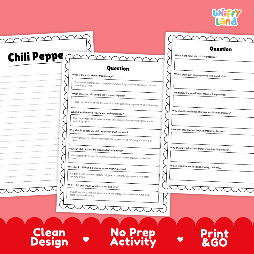 Informational reading passage page detailing chili pepper fruit anatomy heat seeds plant growth and cooking uses with photos