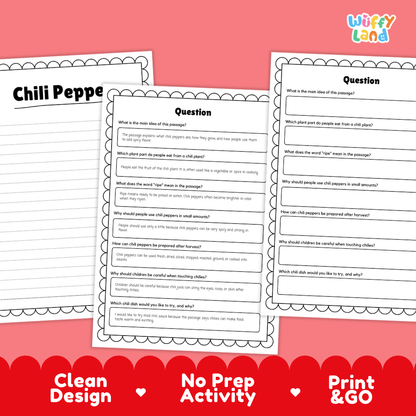 Informational reading passage page detailing chili pepper fruit anatomy heat seeds plant growth and cooking uses with photos