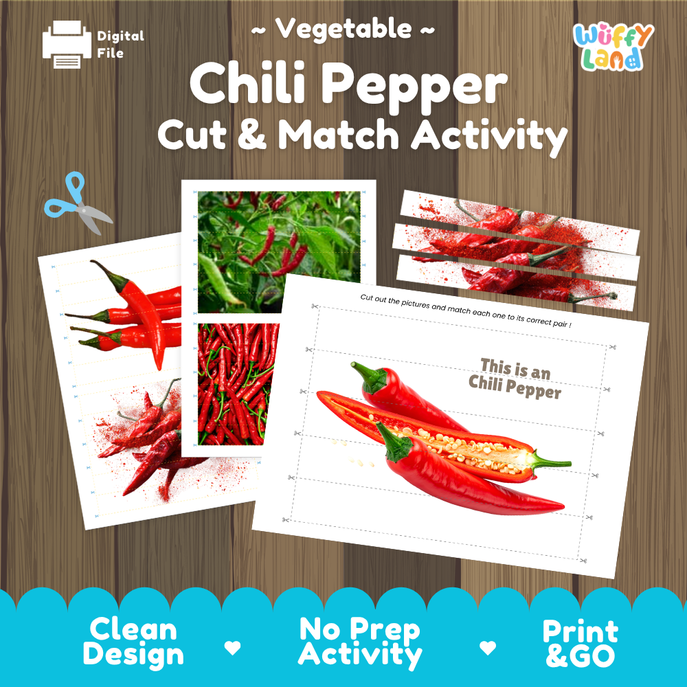 Chili pepper cut and match activity cover showing printable fine motor puzzle sheets and vegetable photographs