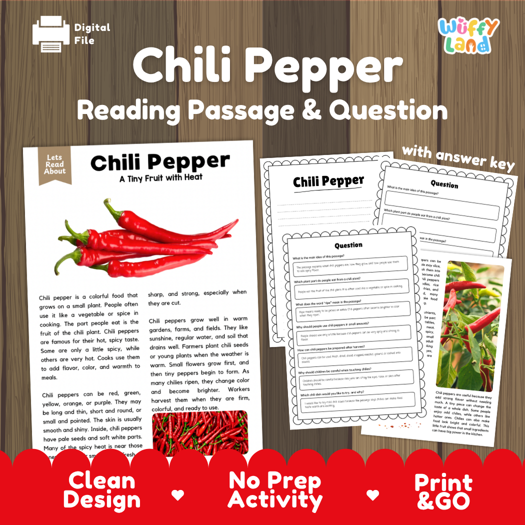 Chili pepper reading comprehension passage and questions printable activity pack with answer key for elementary students
