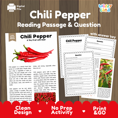Chili pepper reading comprehension passage and questions printable activity pack with answer key for elementary students