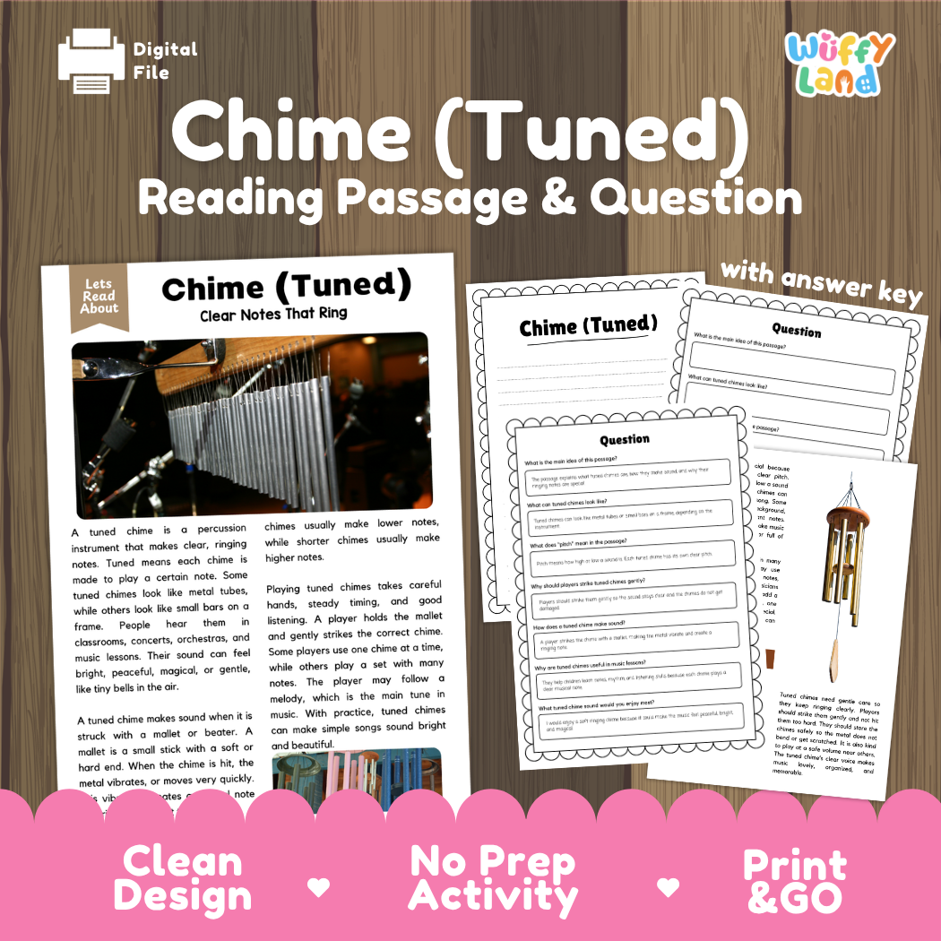Tuned Chime reading comprehension passage and questions printable activity pack with answer key for elementary students