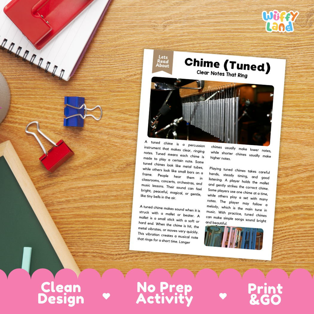 Student reading comprehension worksheet with short-answer questions and lined sections about tuned chimes