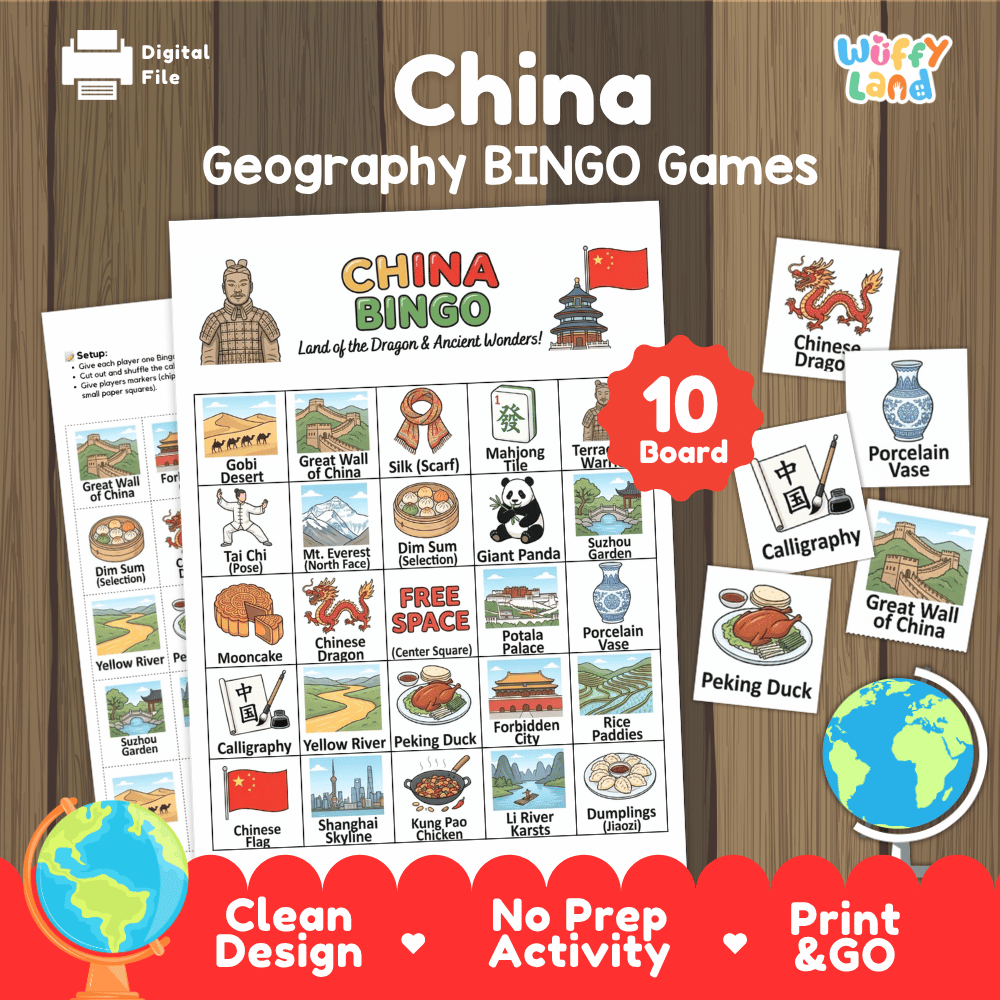 Classroom educational Bingo game cards featuring the Great Wall of China, Chinese dragon, porcelain vase, and dim sum 🎲🐉