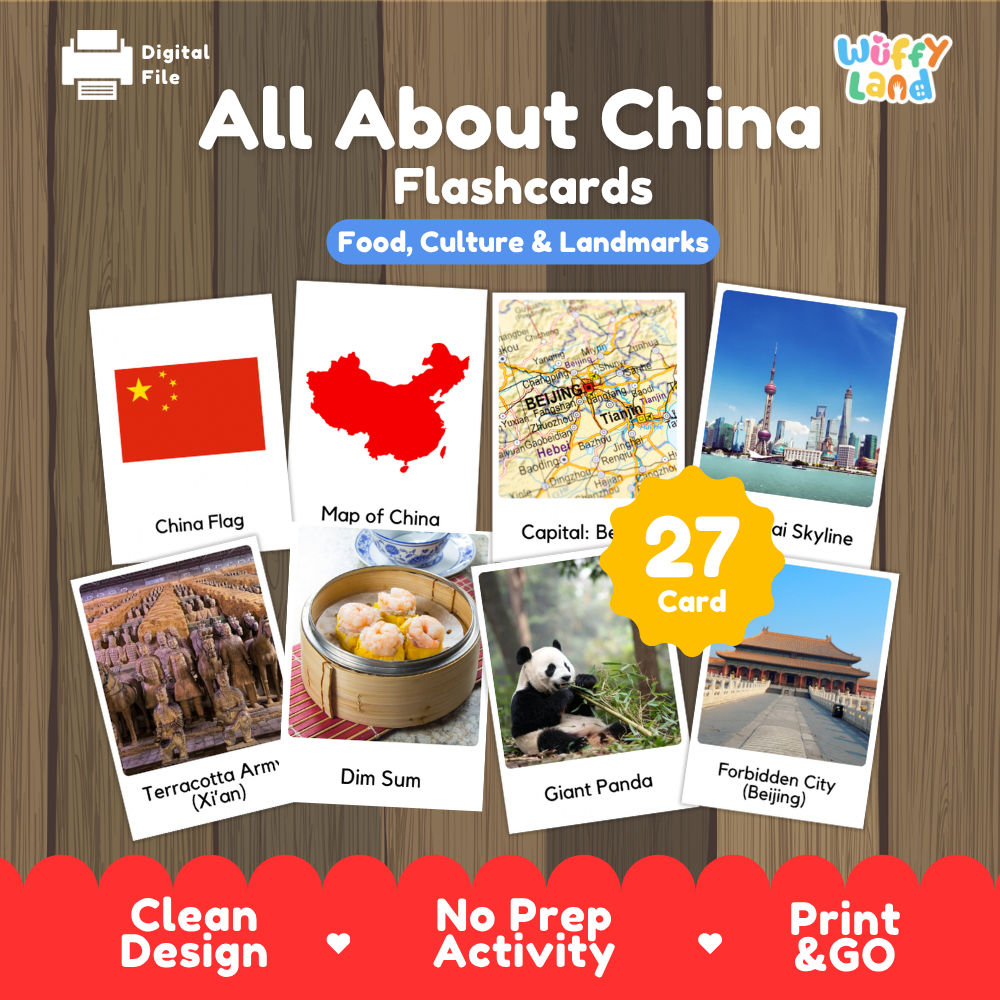Shanghai skyline coloring page paired with real photo flashcards of Terracotta Army, dim sum, giant panda, and Forbidden City