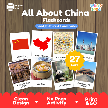 Shanghai skyline coloring page paired with real photo flashcards of Terracotta Army, dim sum, giant panda, and Forbidden City