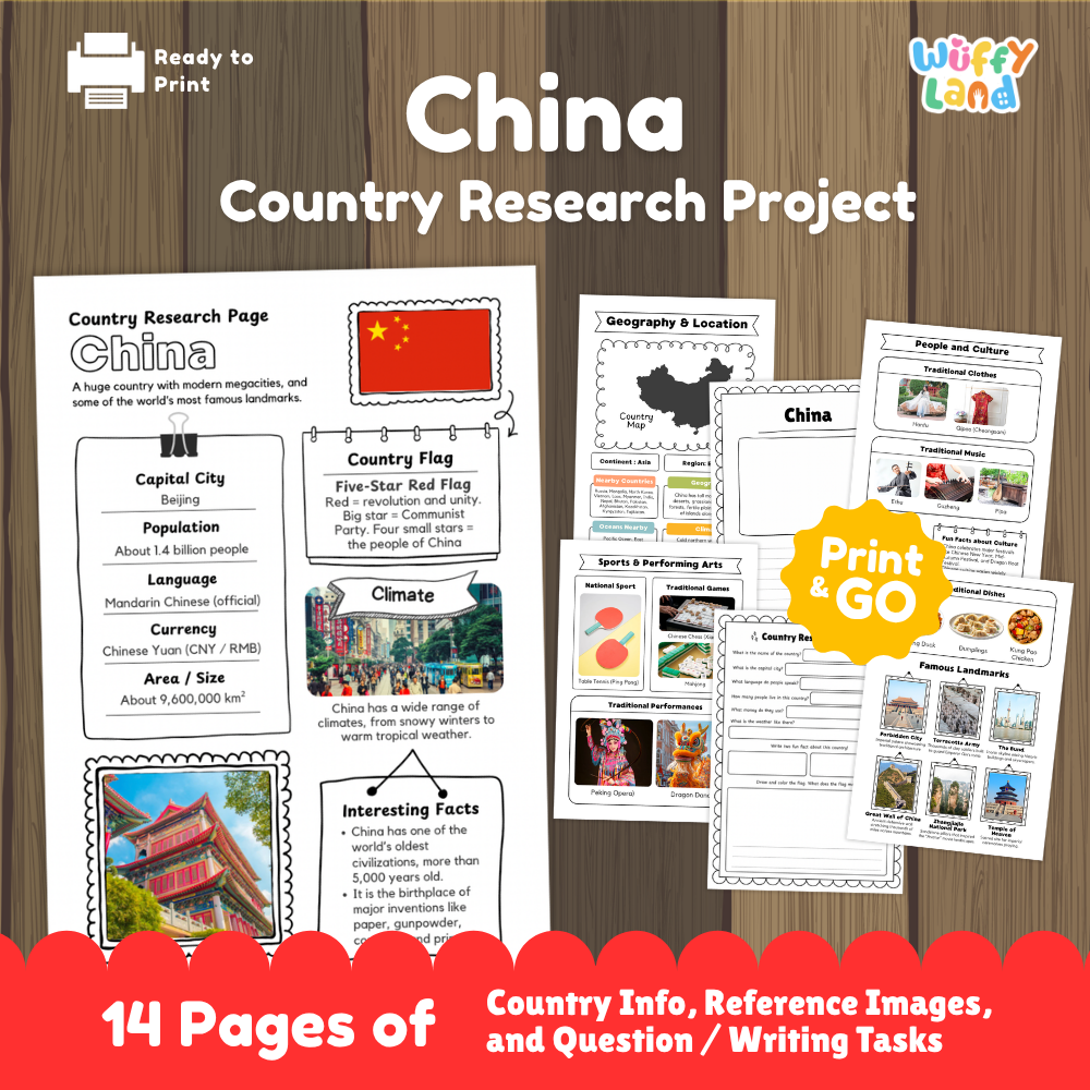 Student country research worksheet on China featuring national flag
