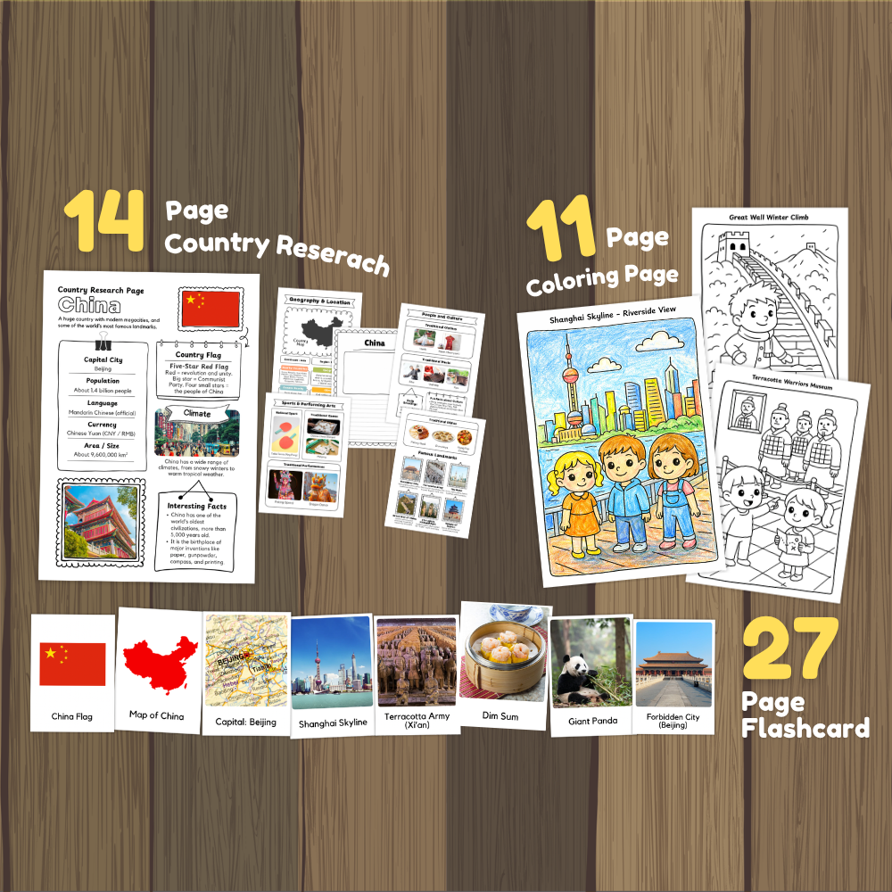 Student country research worksheet on China featuring national flag, Beijing capital city facts, climate, and geography map
