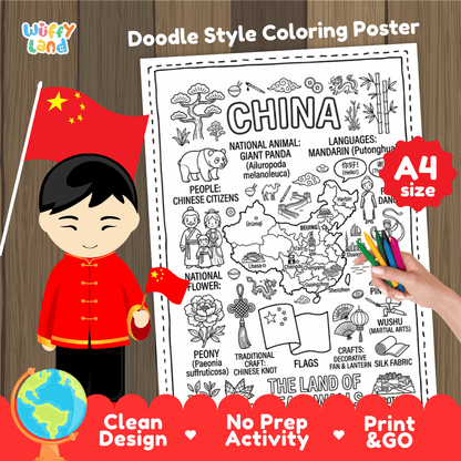 Printable A4 doodle coloring poster highlighting China map, Giant Panda, Great Wall, and tea culture 🎨🐼