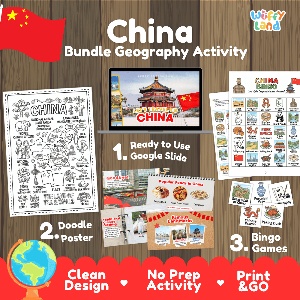 Complete China geography activity bundle featuring Google Slides, doodle coloring poster, and classroom bingo games 🇨🇳🎒