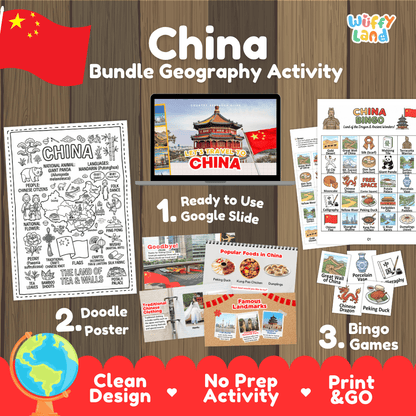 Complete China geography activity bundle featuring Google Slides, doodle coloring poster, and classroom bingo games 🇨🇳🎒