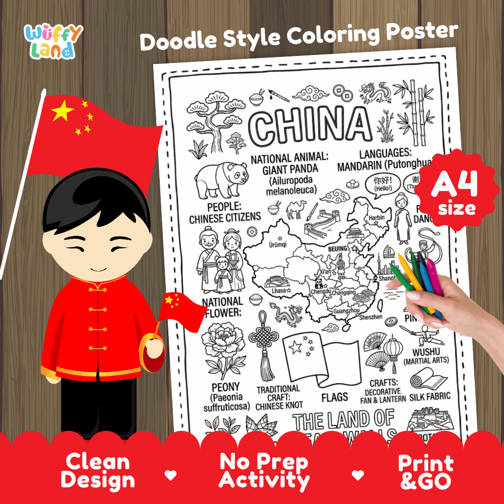 China country study doodle style coloring poster printable page featuring map, landmarks, and cultural symbols