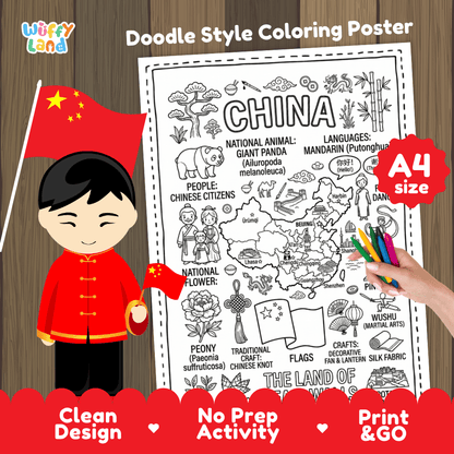 China country study doodle style coloring poster printable page featuring map, landmarks, and cultural symbols
