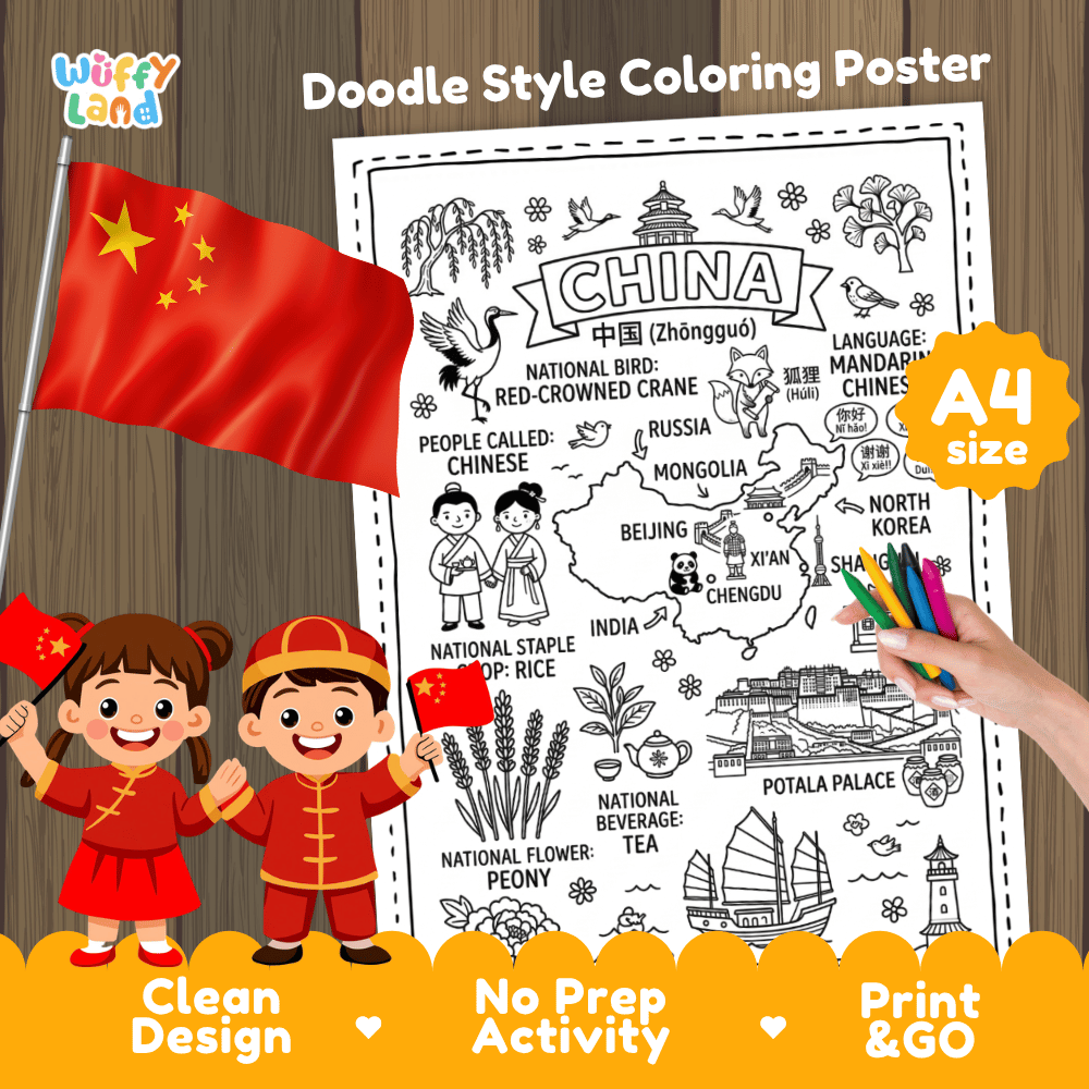 China country study doodle style coloring poster printable page featuring map, landmarks, and cultural symbols