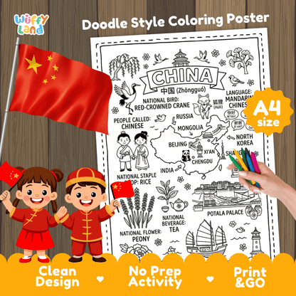 China country study doodle style coloring poster printable page featuring map, landmarks, and cultural symbols