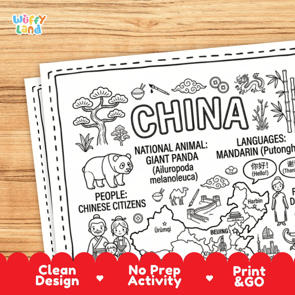Cultural coloring page featuring traditional Chinese knot, wushu martial arts, silk fabric, and Ni hao greeting speech bubbles