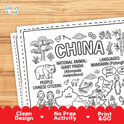 Cultural coloring page featuring traditional Chinese knot, wushu martial arts, silk fabric, and Ni hao greeting speech bubbles