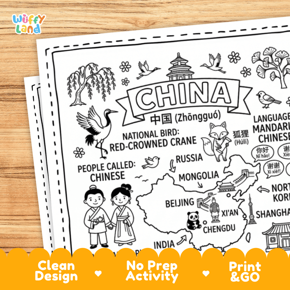 Cultural coloring page featuring traditional Chinese clothing, tea, rice crops, and Mandarin greeting speech bubbles